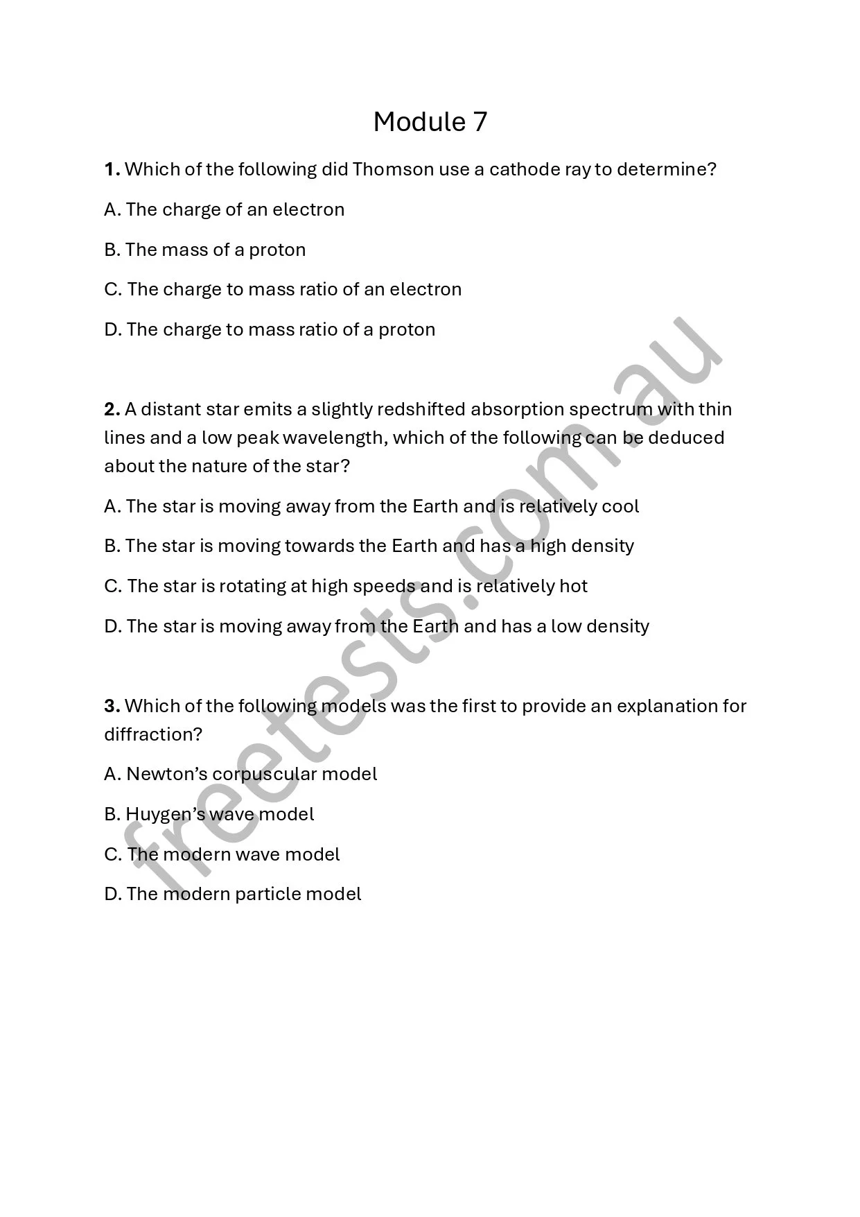 A multiple-choice quiz titled 'Module 7' with questions about physics and astronomy, including topics like cathode rays, star spectra, and models of diffraction.
