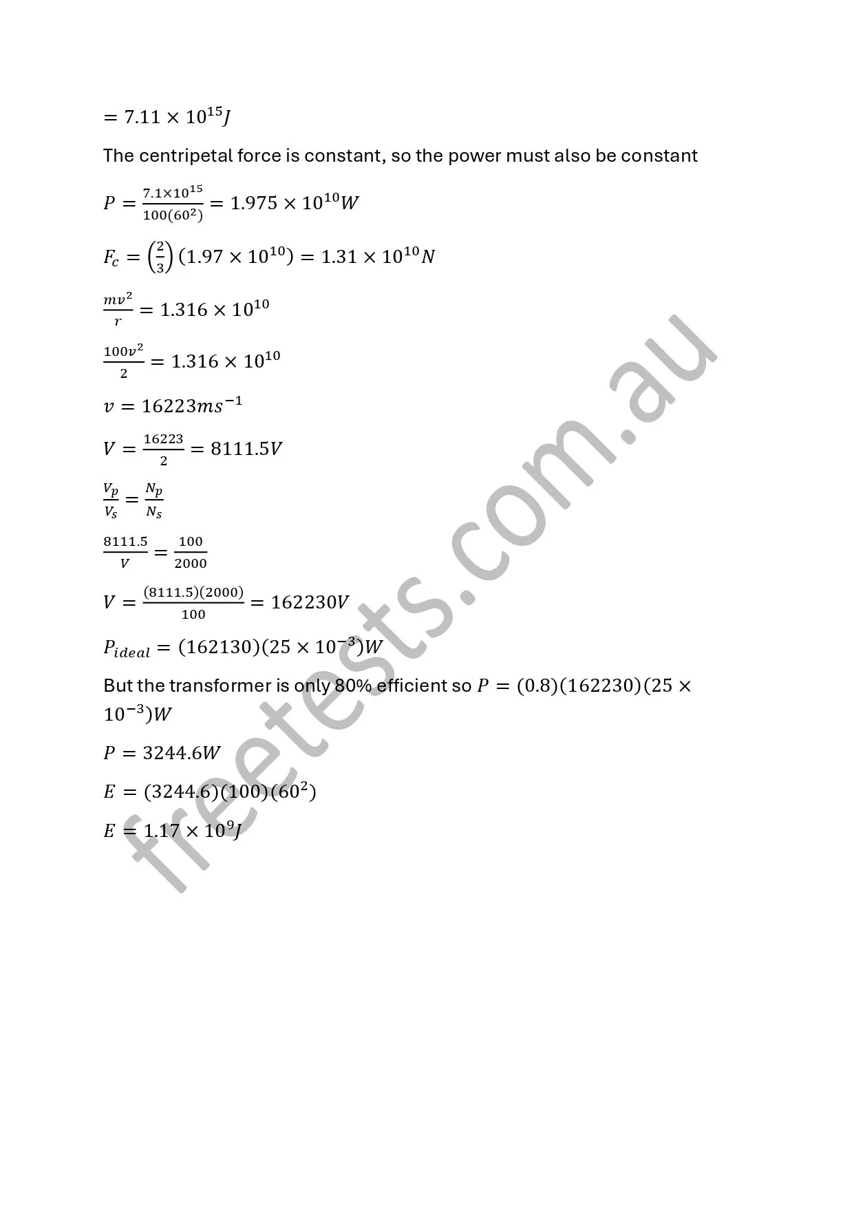 Page containing physics calculations with formulas, numbers, and variables related to power, force, velocity, and efficiency.