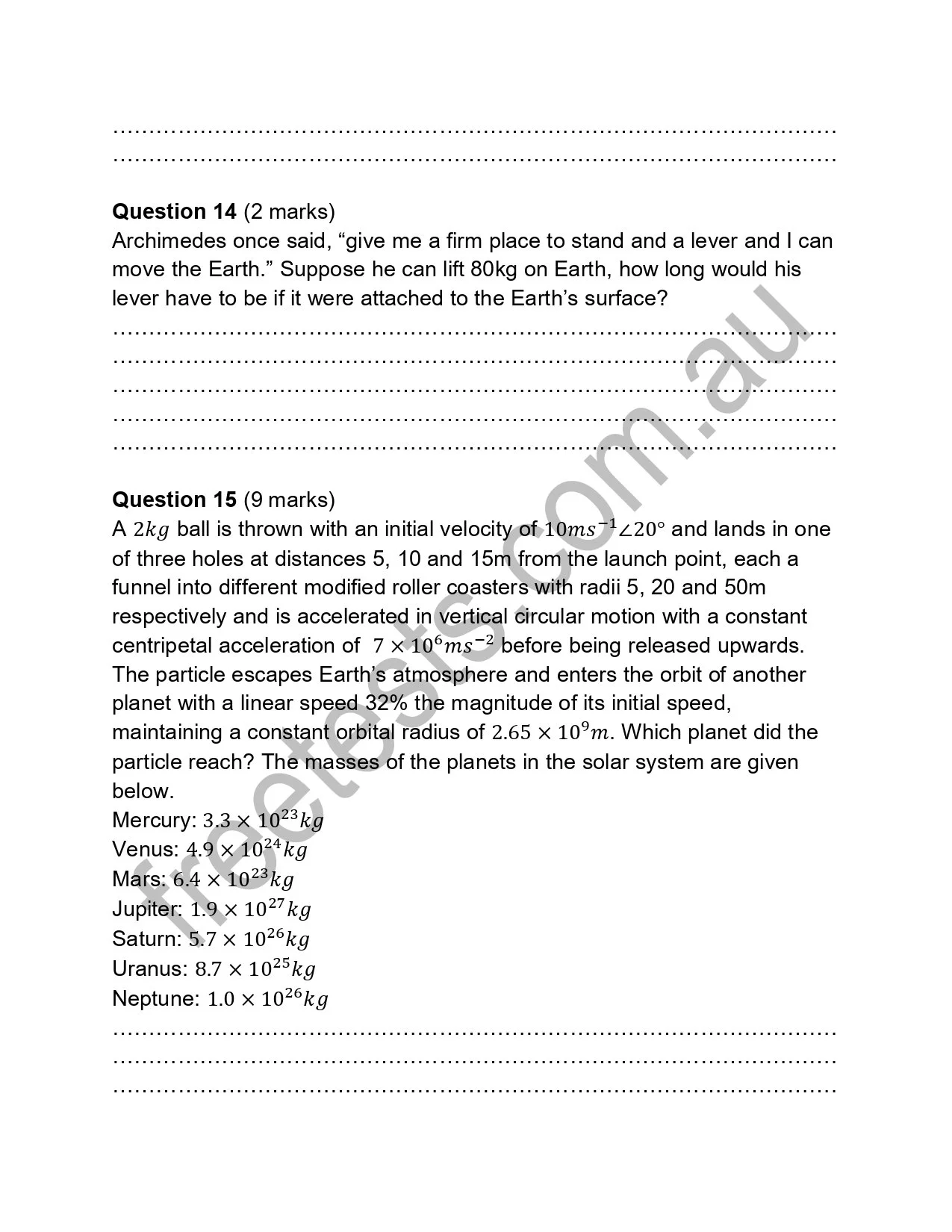 A printed page with multiple math questions, including questions about Archimedes' lever experiment, projectile motion of a ball, and orbital calculations for planets in the solar system.