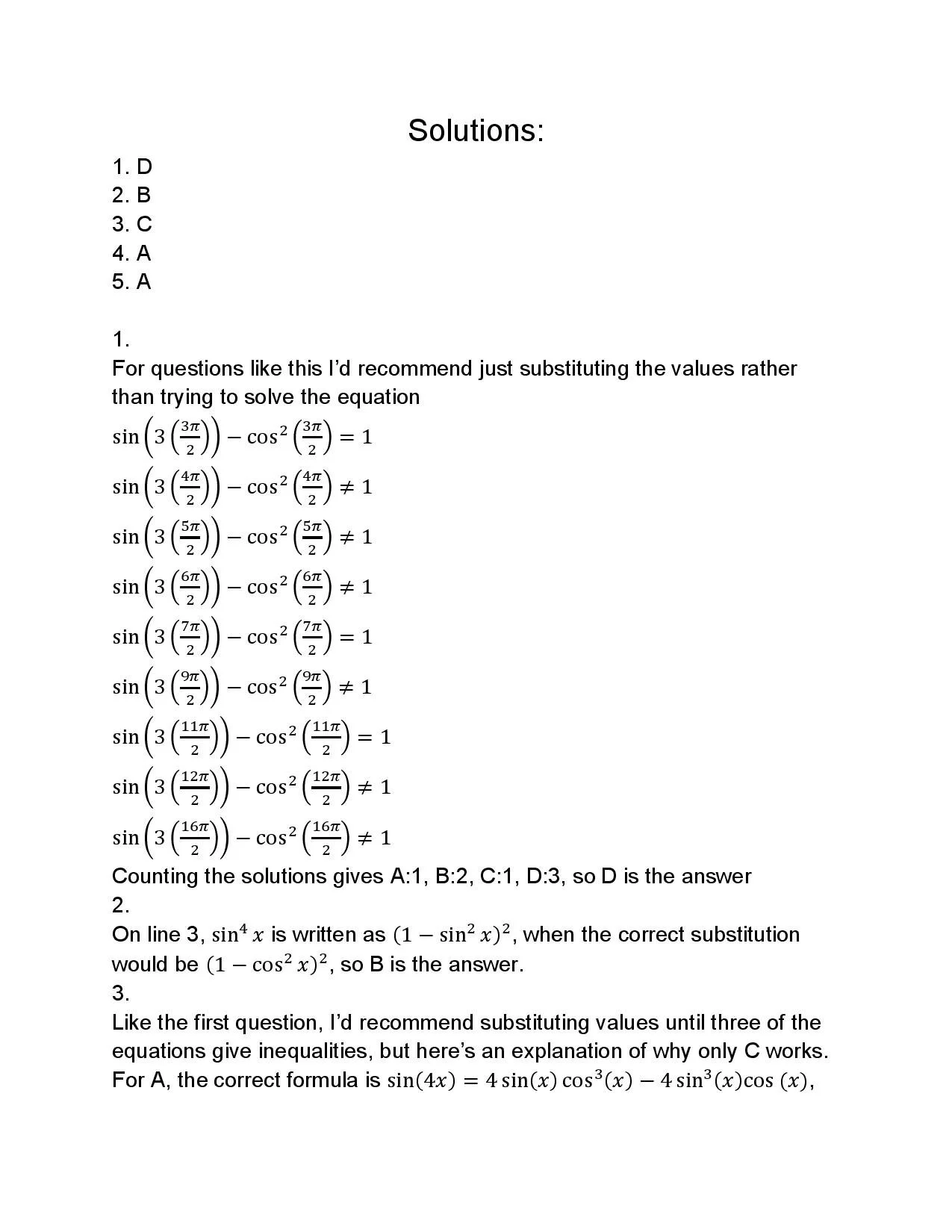 A printed page with solutions to math problems, including trigonometric equations and explanations, with numbered answers and detailed steps.