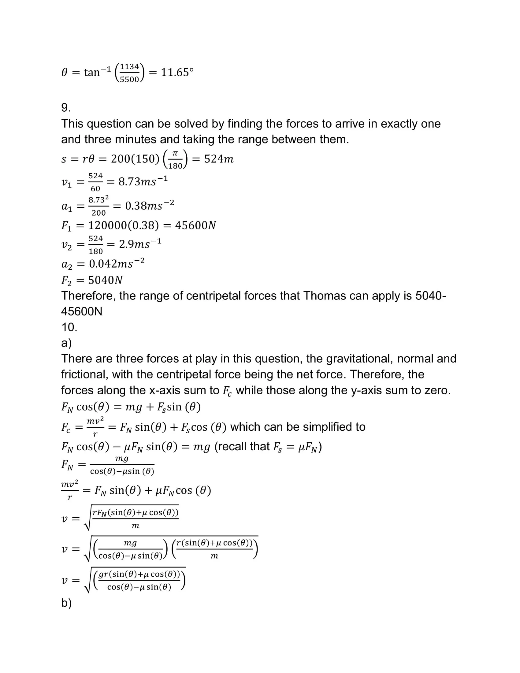 A page of physics calculations and formulas, including forces, velocities, and angles, with detailed mathematical equations.
