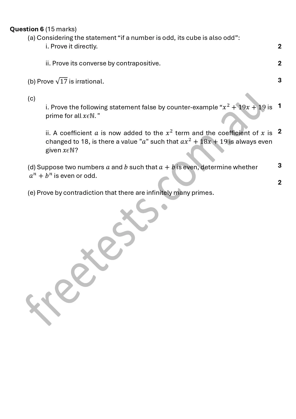 A mathematics exam question sheet with problem number six, including subparts about odd numbers, irrationality, prime numbers, and properties of even and odd integers.