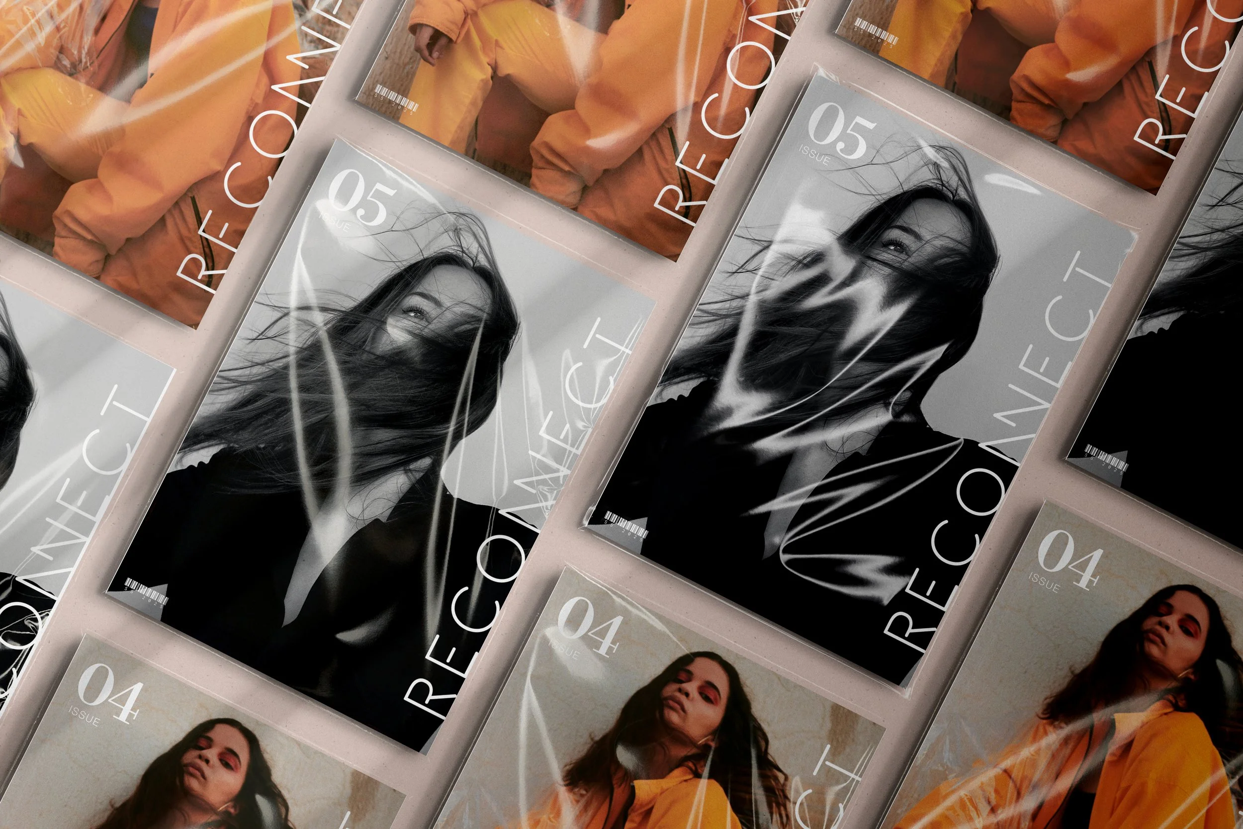 Multiple fashion magazine covers featuring black and white and color portraits of women, arranged in a collage.