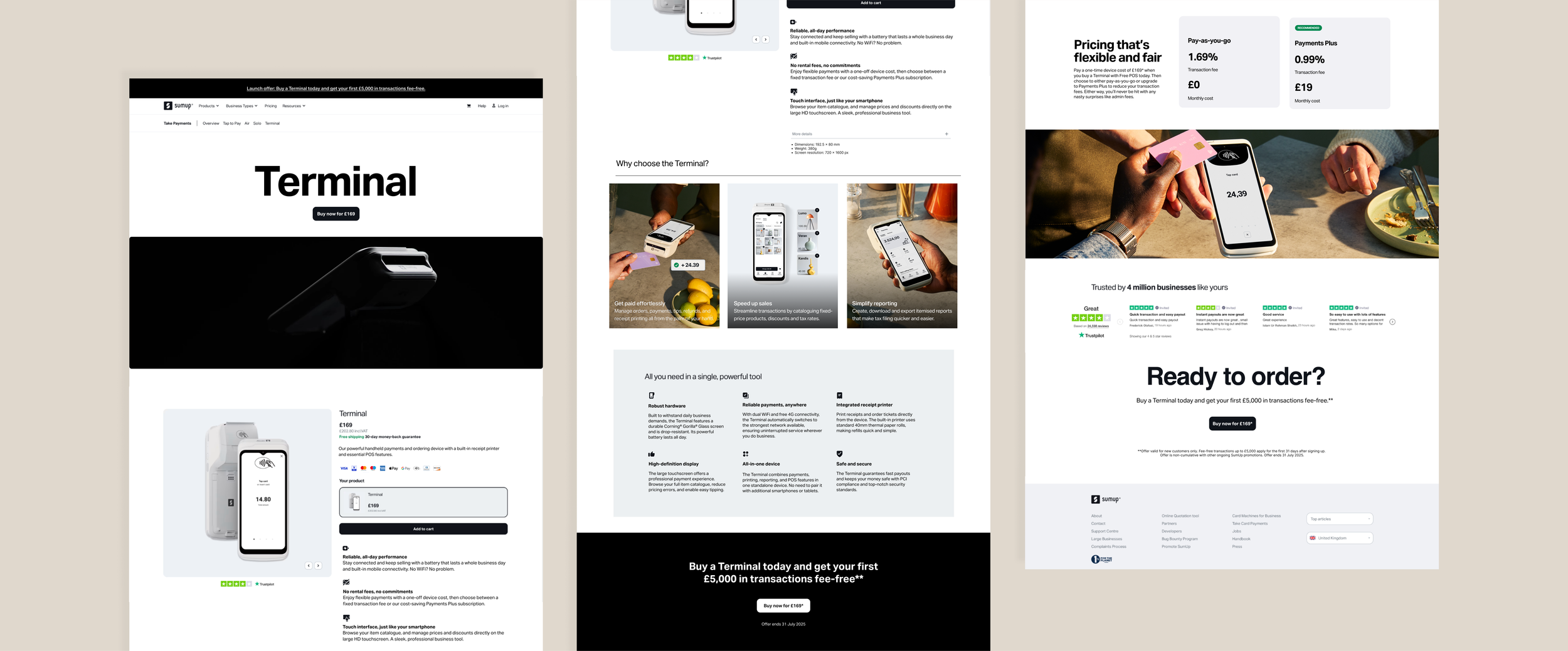 Three digital webpage screens showcasing a payment terminal device with product specifications, pricing, and purchasing options.