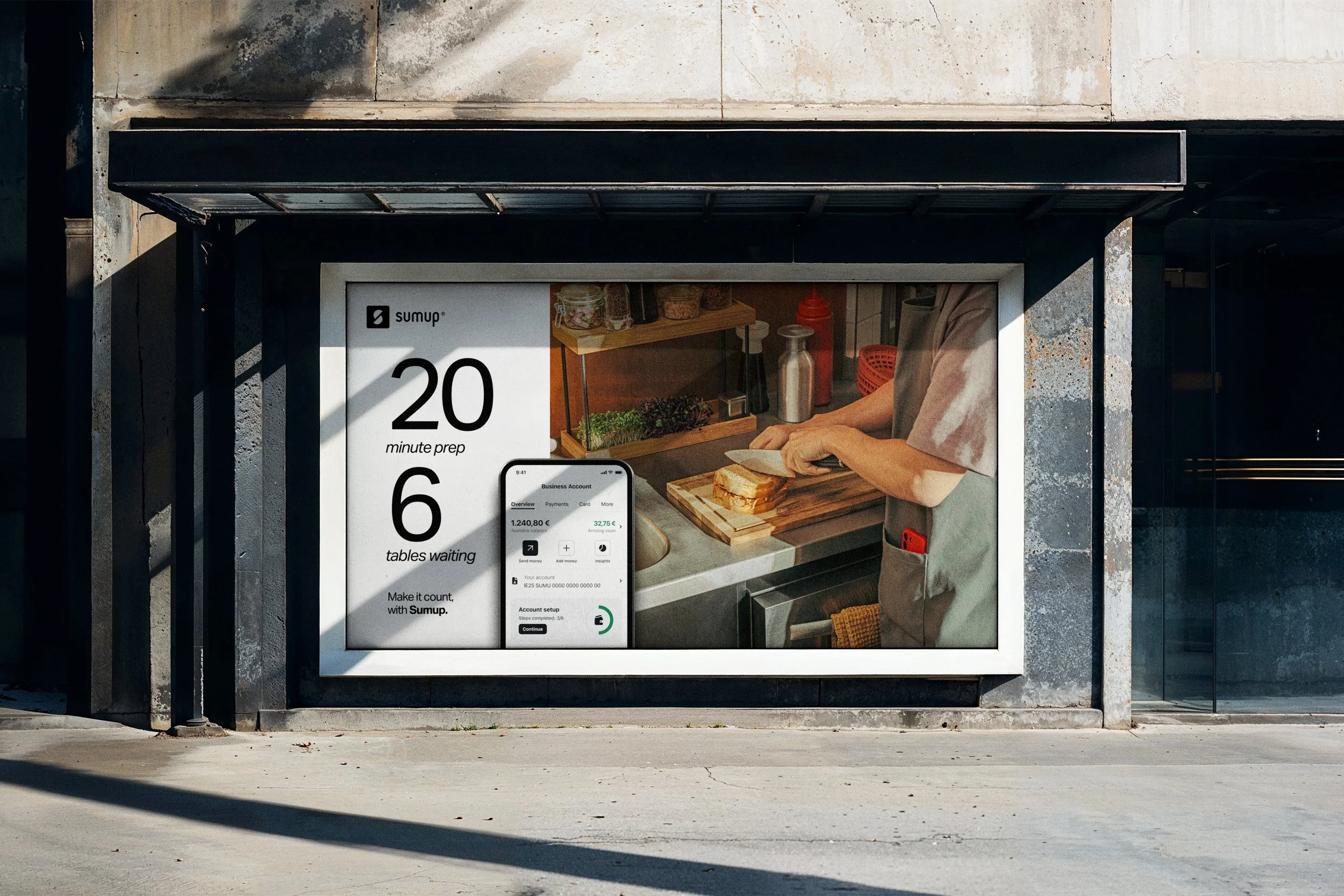 Advertising poster with a digital and real kitchen scene showing a person slicing bread, a smartphone display, and text indicating 20-minute prep time and 6 tables waiting, with branding 'Sumup' and a slogan about counting with Sumup.