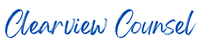 Clearview Counsel logo with blue, cursive font.