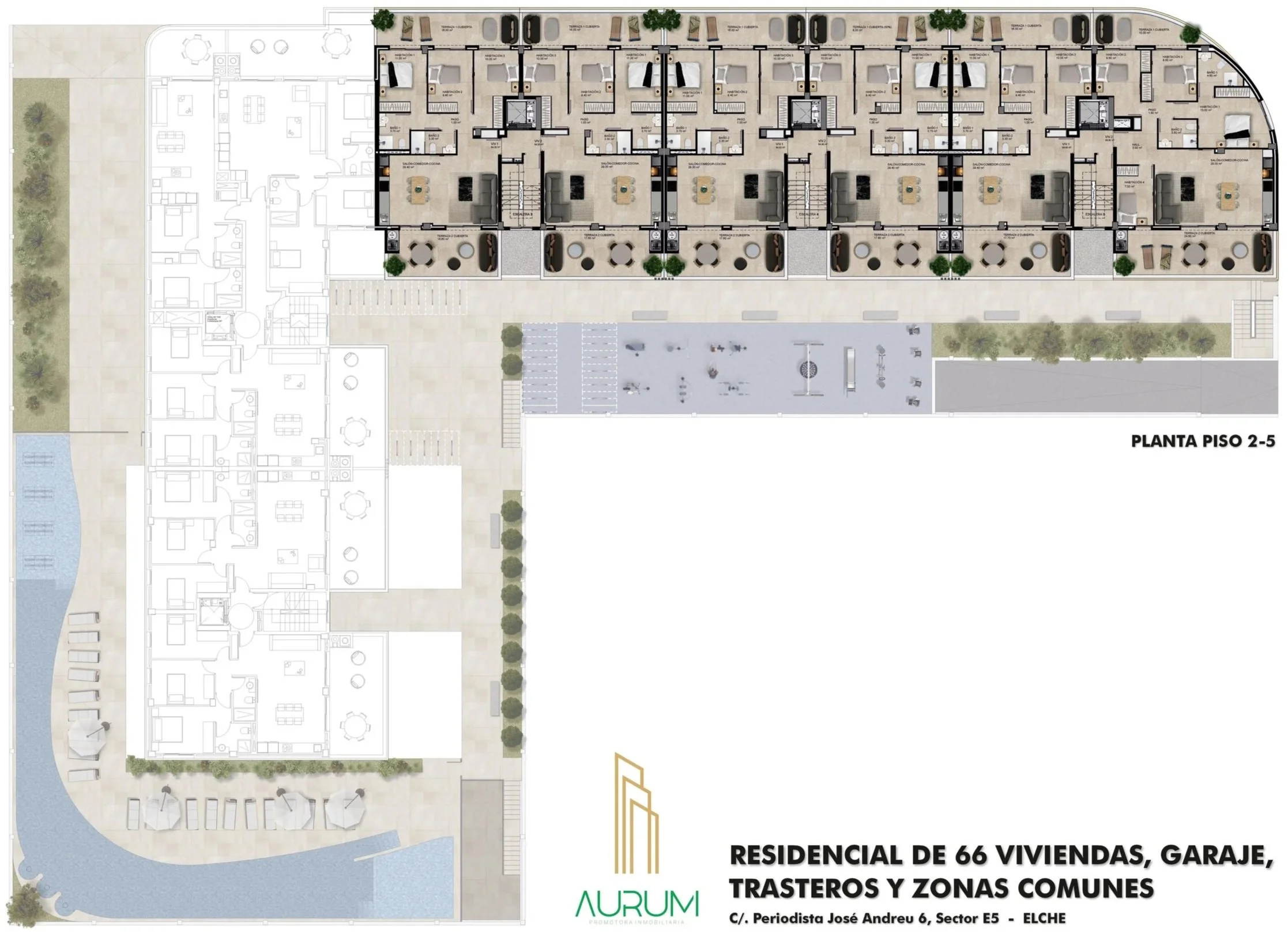 Plano del proyecto residencial con 66 viviendas, garaje, trasteros y zonas comunes, incluyendo áreas verdes, piscina y espacios recreativos.