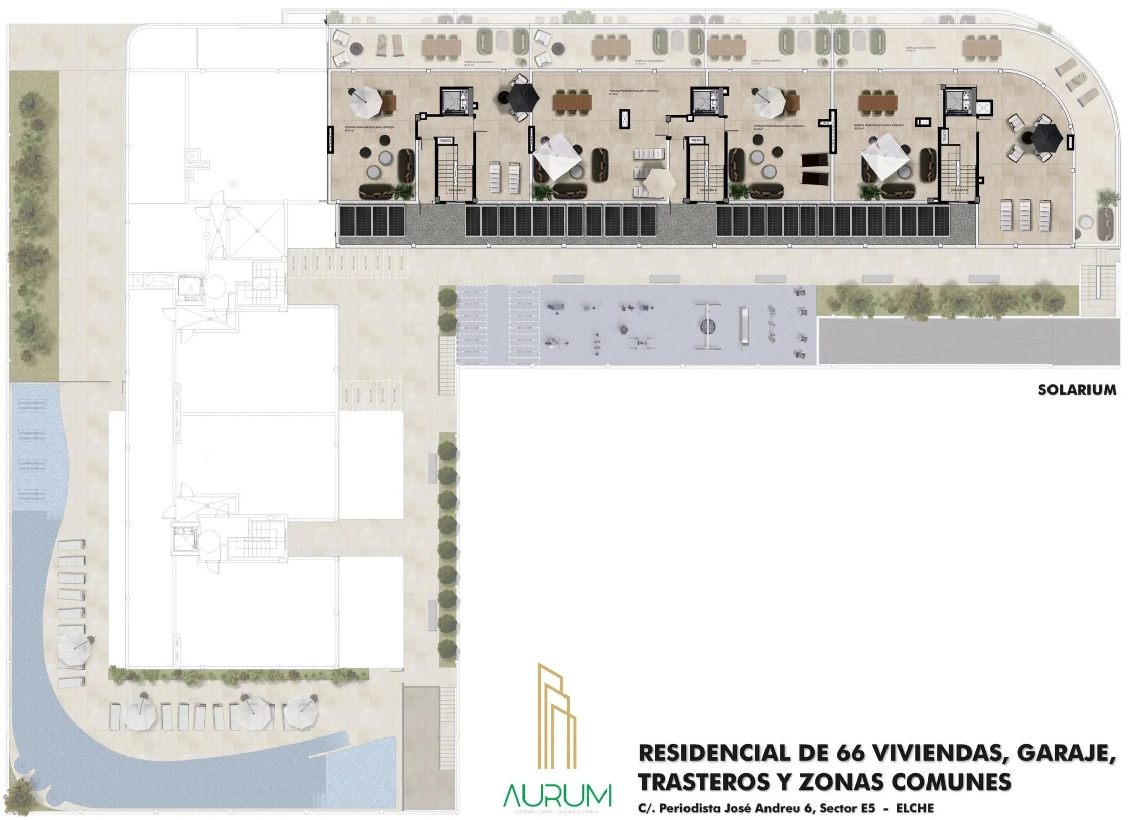 Plano del Residencial con 66 viviendas, garaje, trasteros y zonas comunes, incluyendo solárium, piscina y áreas de descanso, con detalles del diseño y distribución.