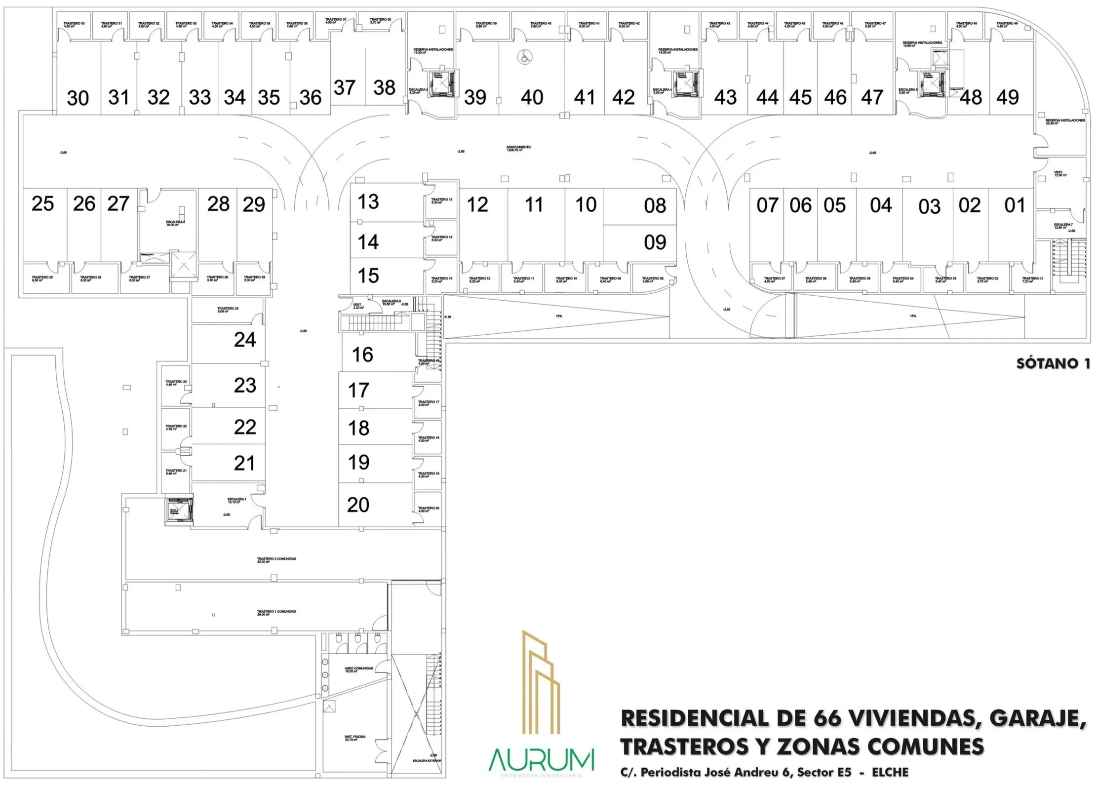Plano de un sótano de Residencial de 66 viviendas, con espacios para garages, trasteros y zonas comunes, con numeración de habitaciones y áreas.
