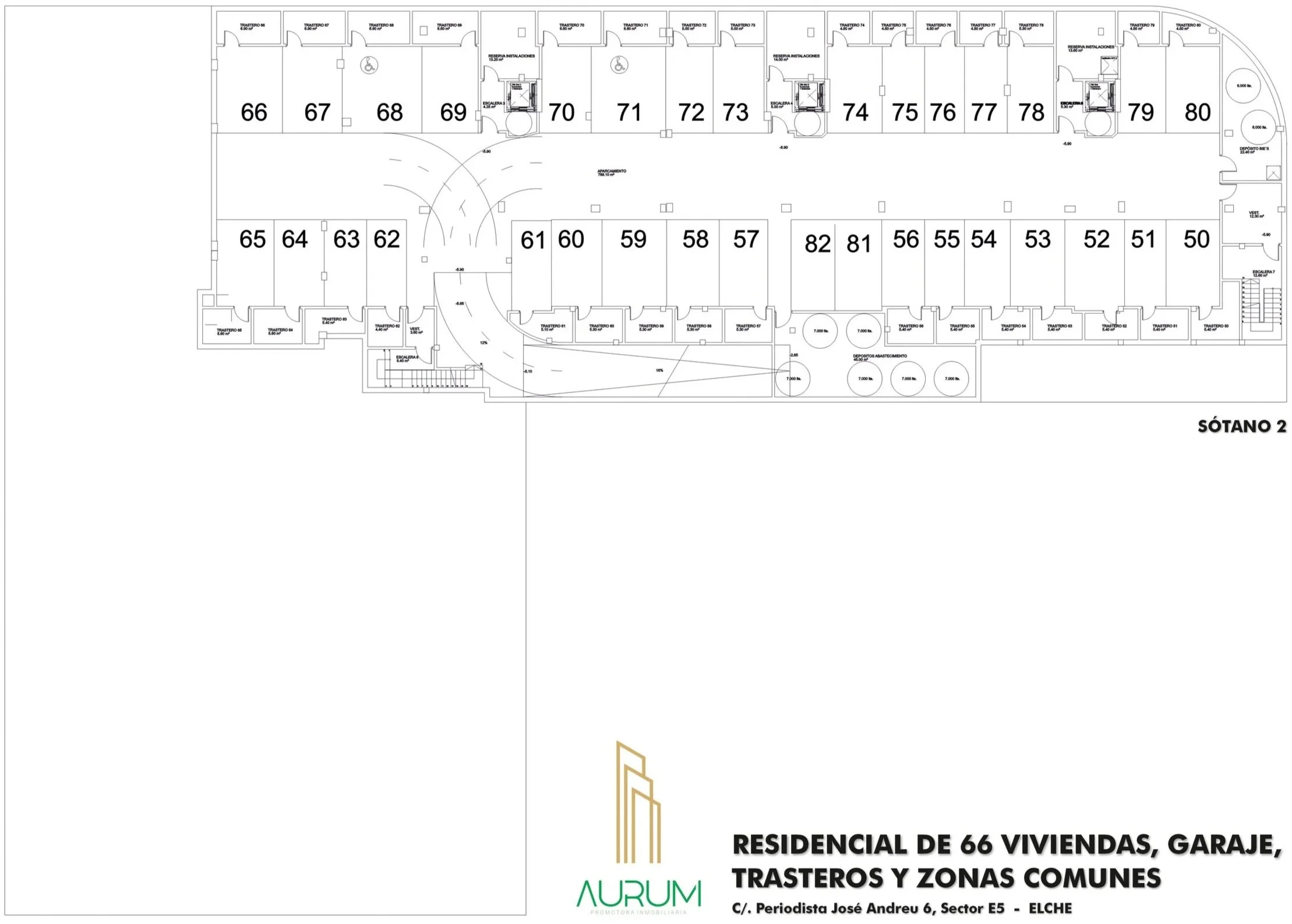 Plano del sótano 2 de una residencia con 66 viviendas, áreas comunes, garajes y trasteros, con distribución de habitaciones y espacios señalados