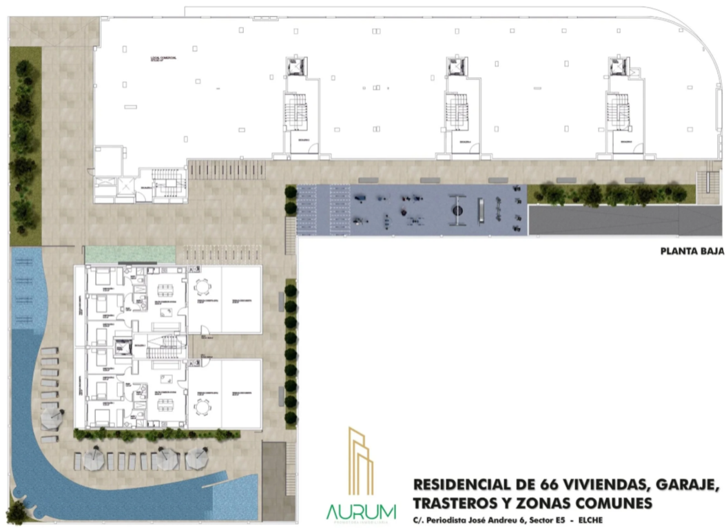 Plano del primer nivel de una residencia residencial de 66 viviendas, con garaje, trasteros y zonas comunes, que incluye áreas de piscina, espacios ajardinados y una estructura de vivienda.