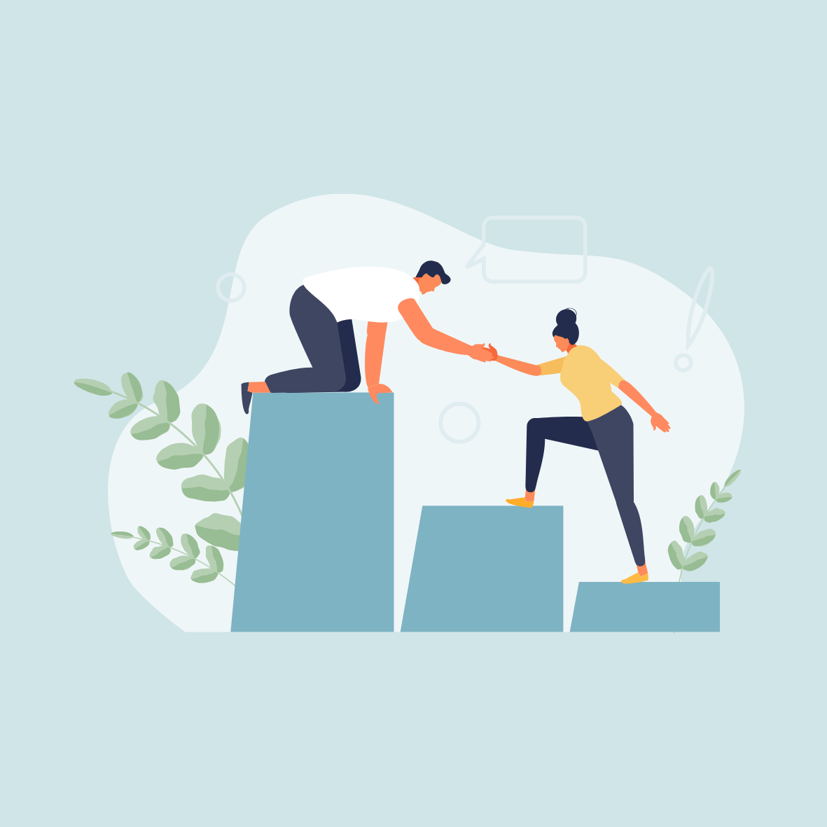 Illustration of a man helping a woman climb up a series of ascending blocks, symbolizing teamwork and support.