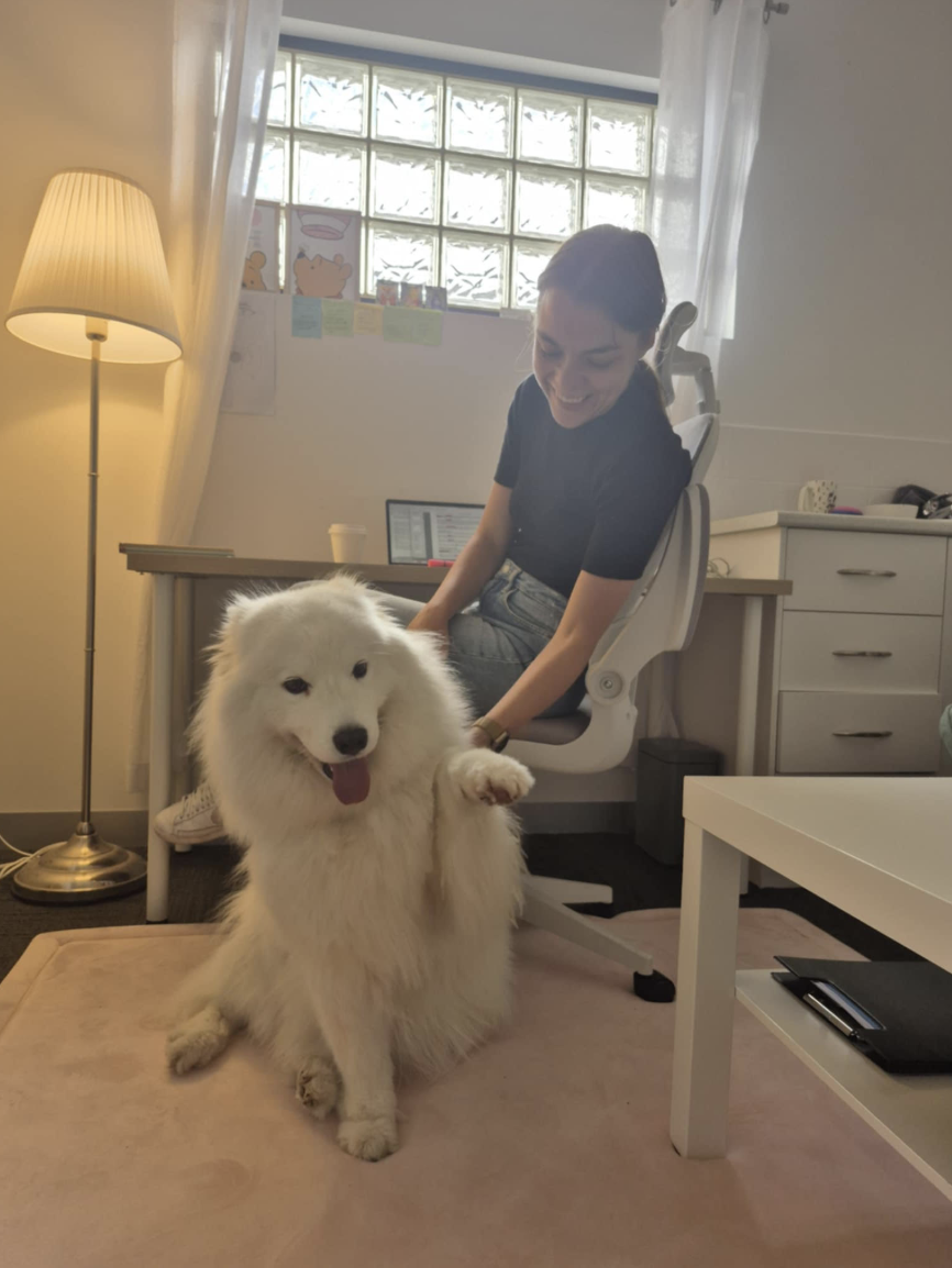 A woman sitting on an office chair smiling as she and a fluffy white dog give a paw to each other in a cozy home office.