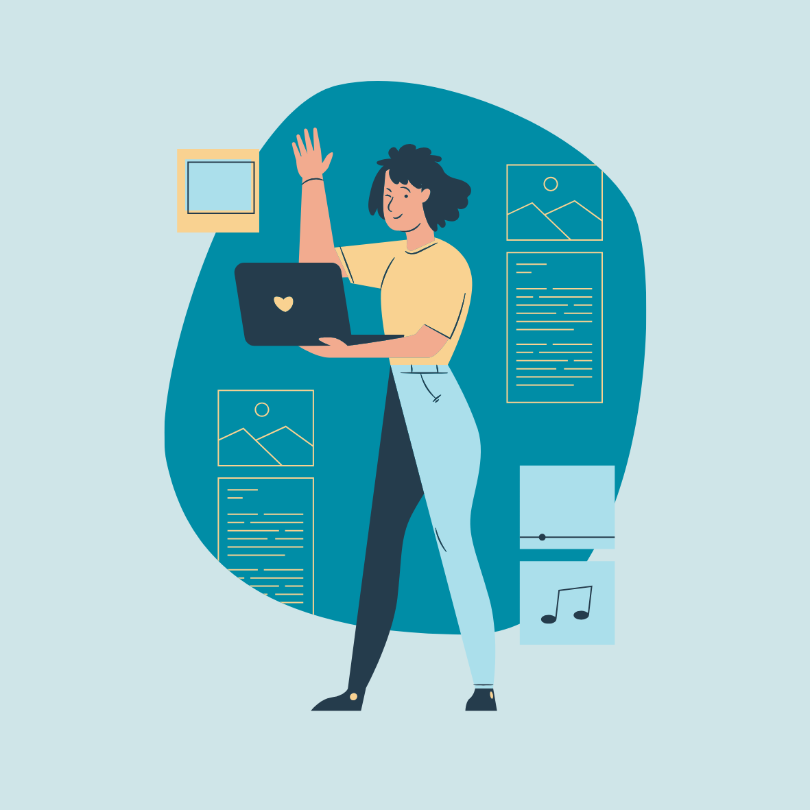 A woman with dark hair, wearing a yellow shirt and light blue jeans, standing and waving while holding a black laptop with a heart logo. Abstract wall art and images are behind her.