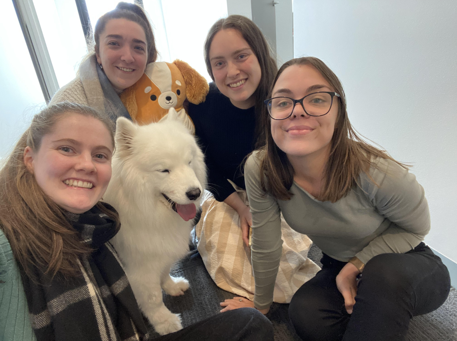 Four women and a white dog sitting on the floor near a window, smiling for a group photo. One woman is holding a plush toy dog.
