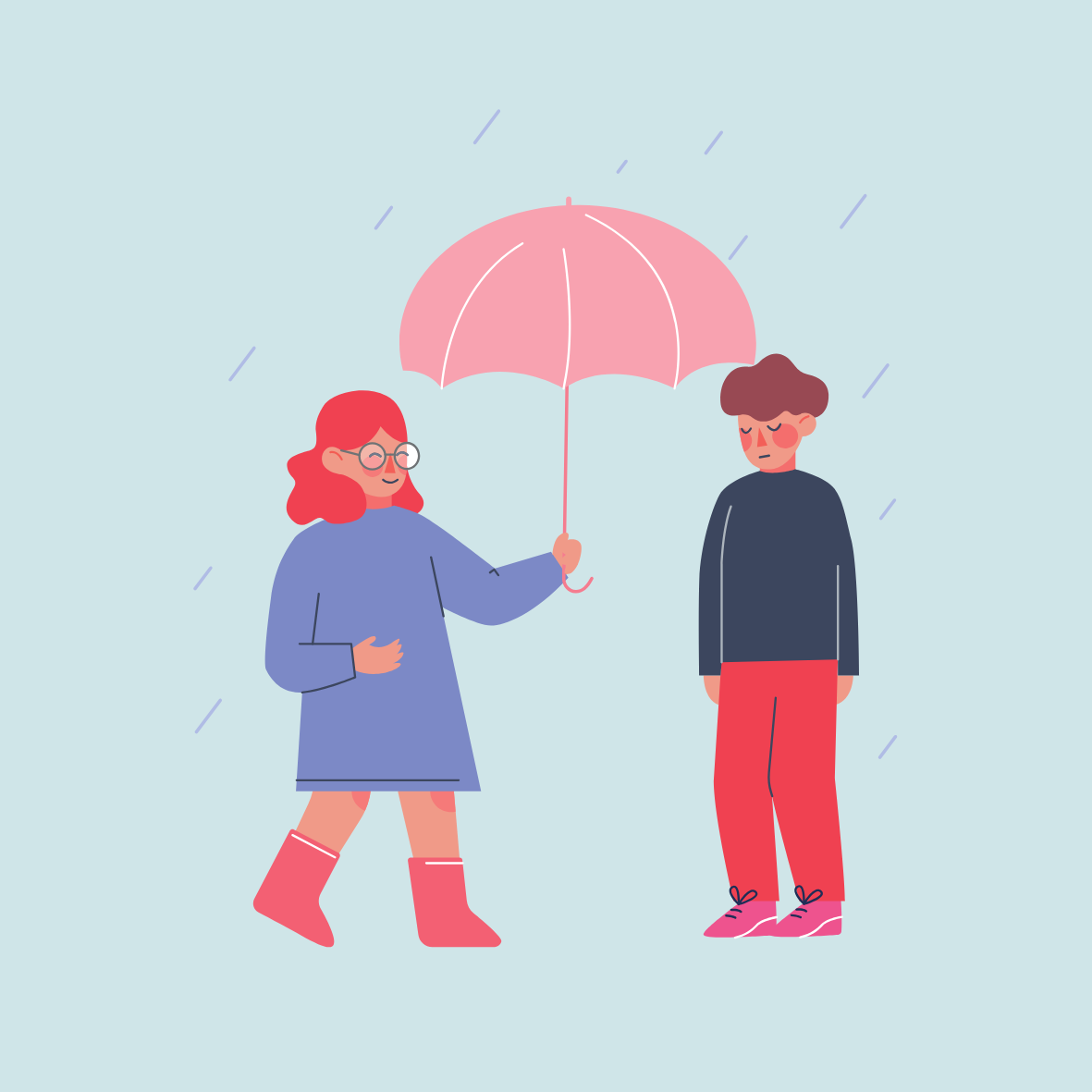 A girl with red hair, glasses, and pink rain boots is holding an umbrella over a boy with brown hair, wearing a black sweater and red pants, in the rain.