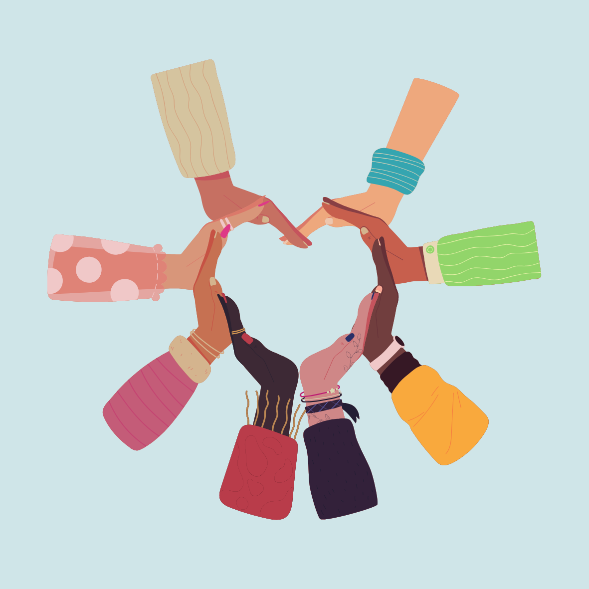 Illustration of diverse hands forming a heart shape against a light blue background.