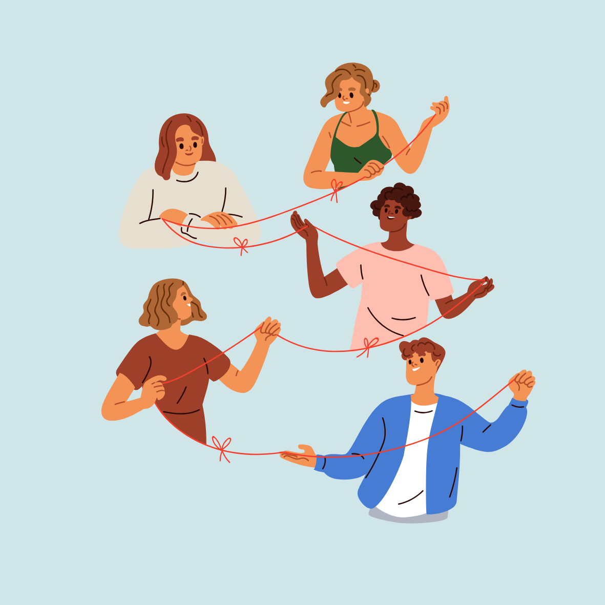 Illustration of six diverse people connected by red strings with bows, symbolizing community or teamwork, against a light blue background.