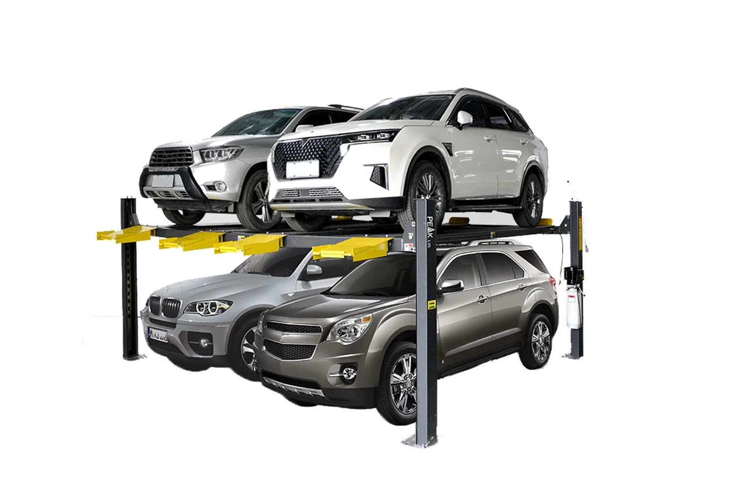 A two-level car lift with four parked cars, two on each level, against a white background.