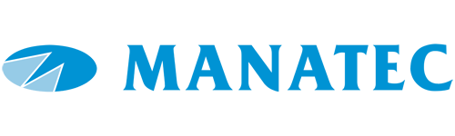 Manatec logo featuring a stylized blue and white wave symbol and the company name in bold blue letters.