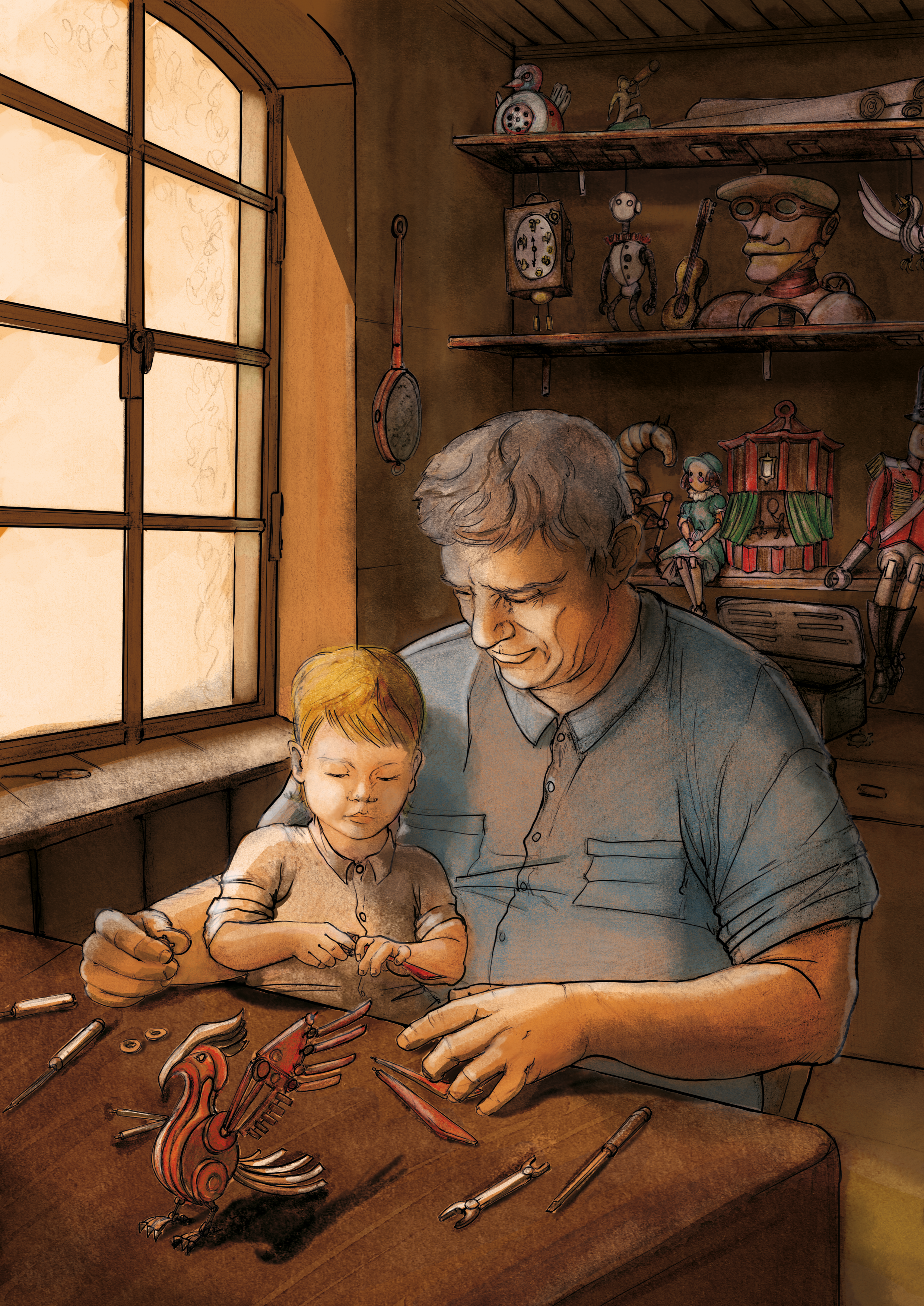 Gepetto (dessin au crayon, aquarelle numérique)