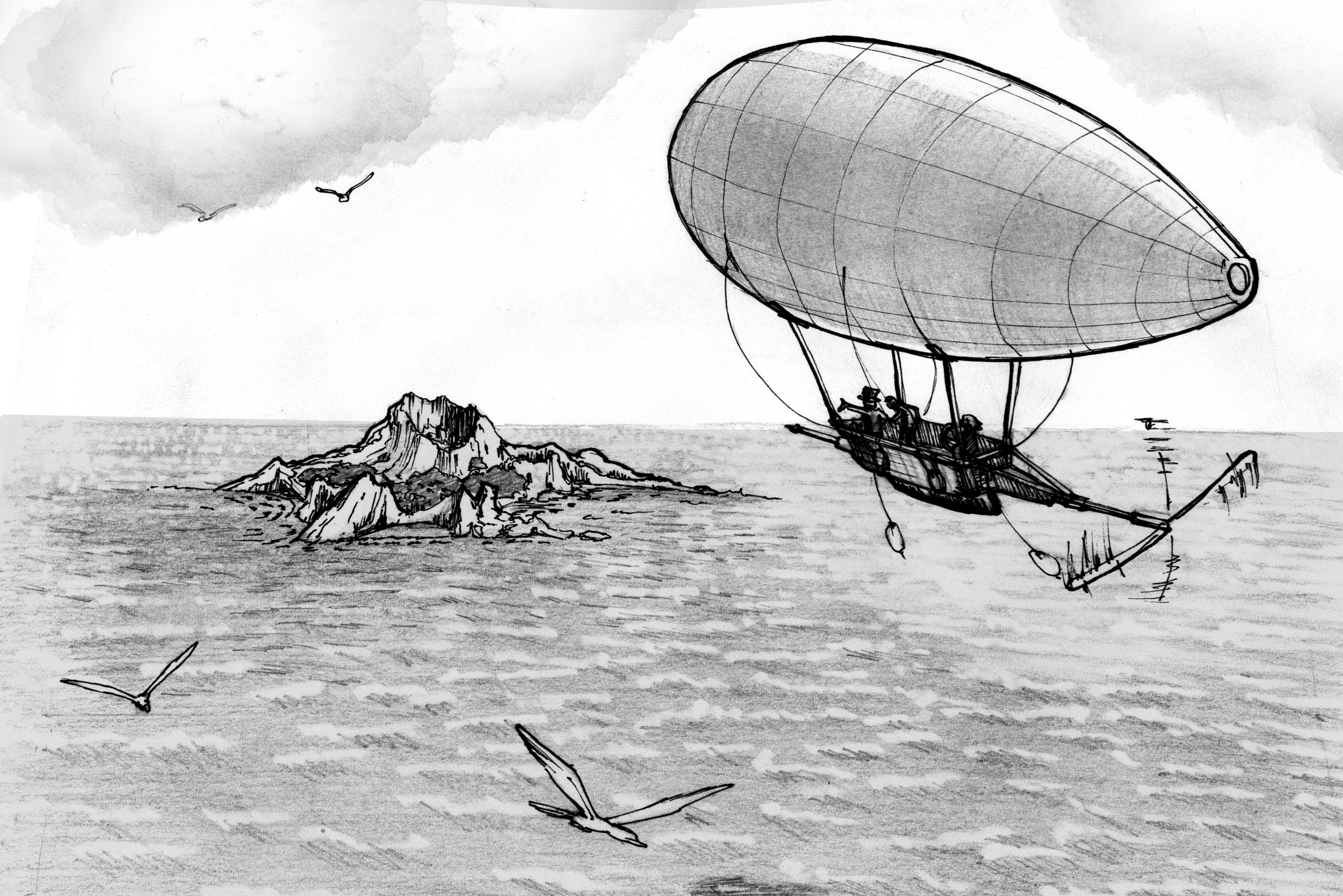 l'Île mystérieuse (dessin au crayon, encre)