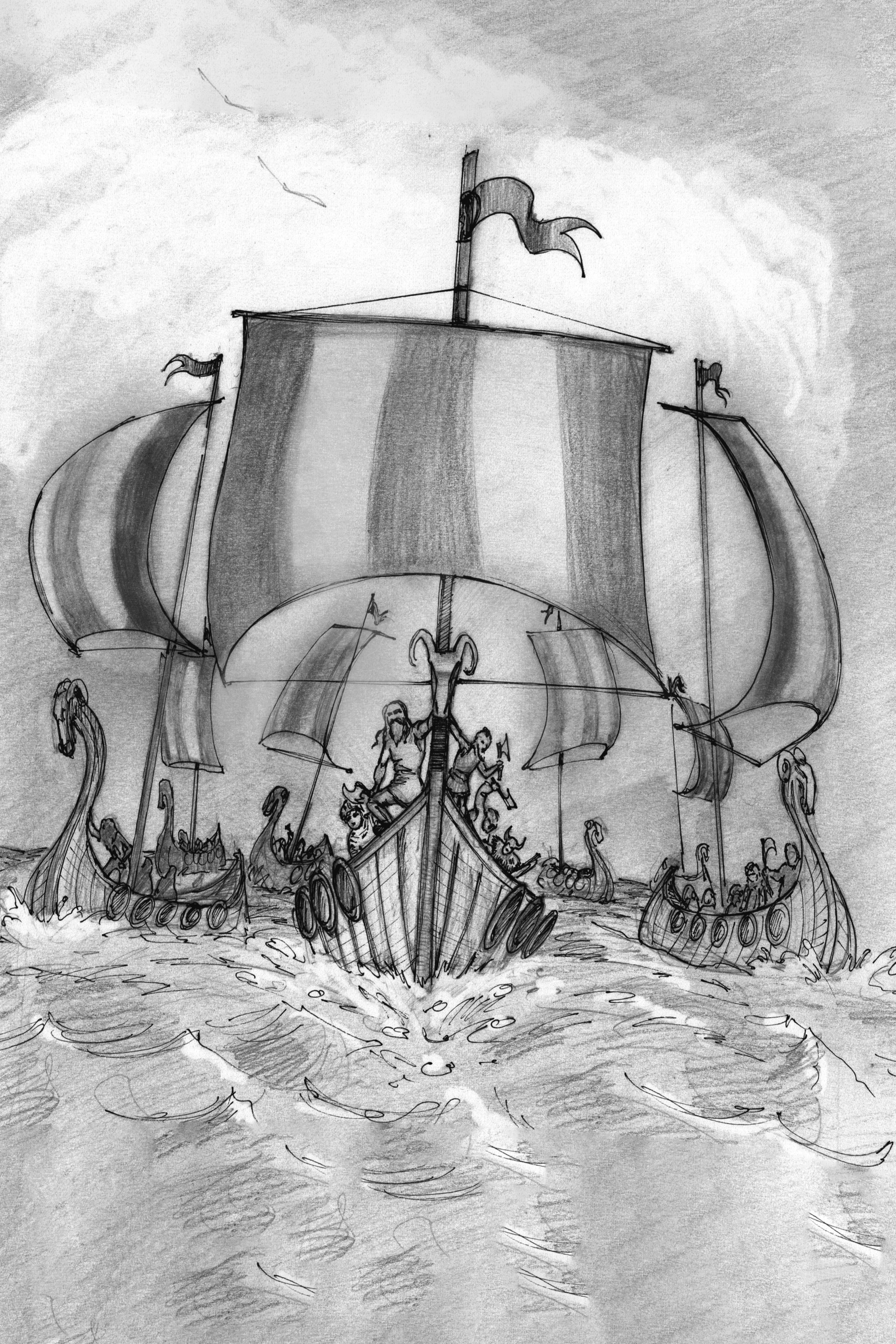 Navire viking (dessin au crayon, encre)