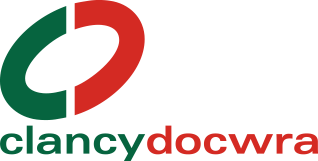 Logo with a stylized green and red circle and the text 'clancy' in green and 'dcwra' in red.