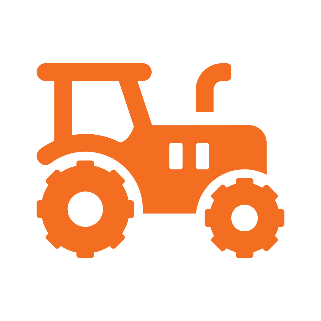 Icon of an orange tractor on a black background.