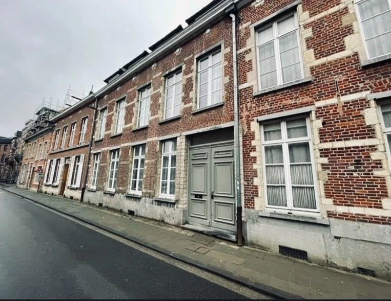 Old brick row houses on a city street with door and window details.