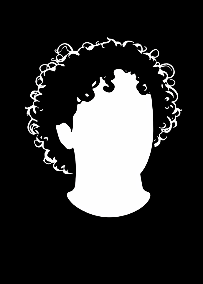 Silhouette of a person with curly hair against a black background, with face and features not visible.