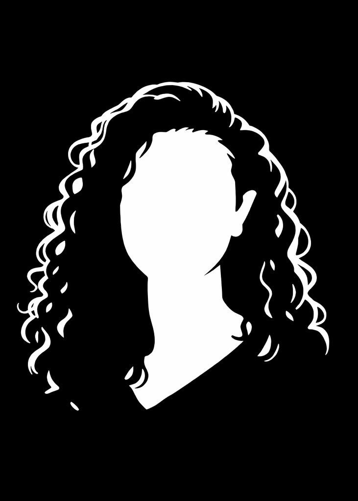 Silhouette of a woman with curly hair and no facial features, black background with white outlines.