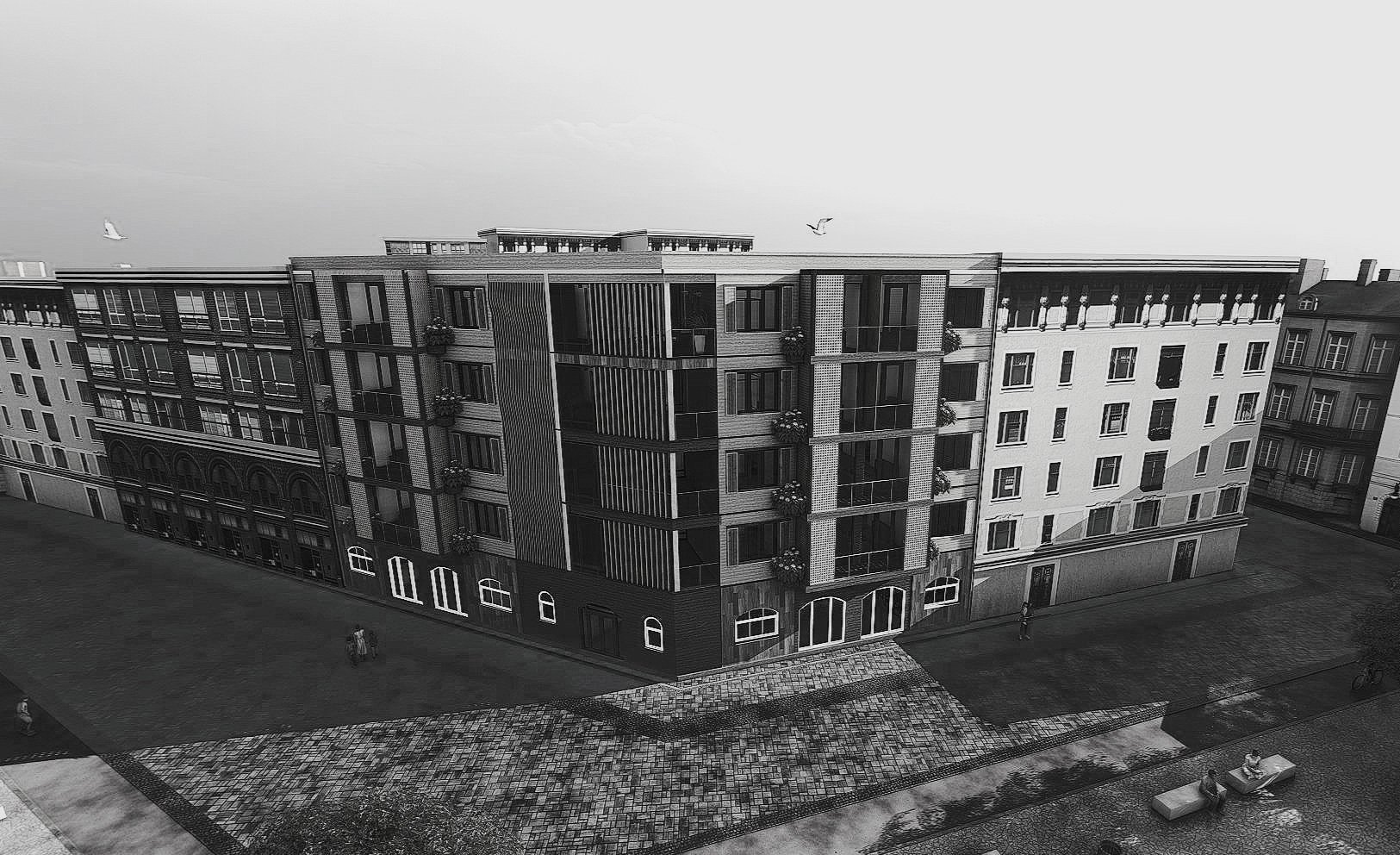 Architectural design for a new building within an urban development framework in Bremerhaven.