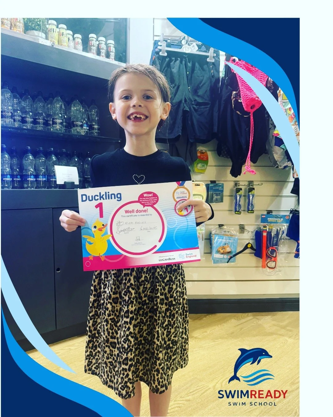 🌊 Huge congratulations to Eleri for achieving her Duckling 1 Award! 🎖️✨
She&rsquo;s taken her very first steps into the world of swimming and we couldn&rsquo;t be prouder. 💙💦
Keep splashing, smiling, and shining, Eleri &ndash; this is just the be