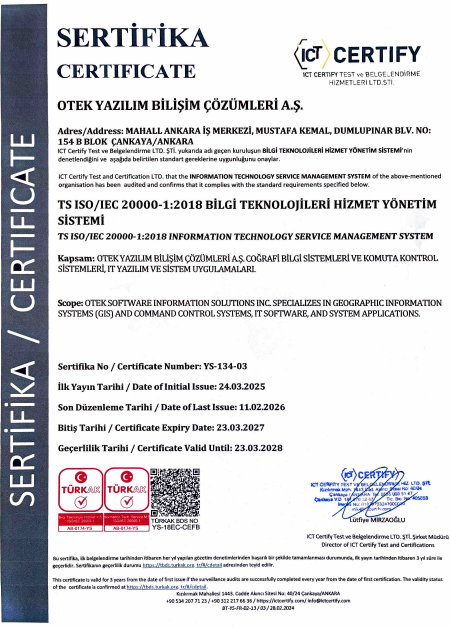 Bir sertifika belgesi, Türkçe ve İngilizce metinler içeriyor, şirket adı OTEK YAZILIM BİLİŞİM ÇÖZÜMLERİ A.Ş., tarih ve çeşitli onay damgaları bulunuyor.