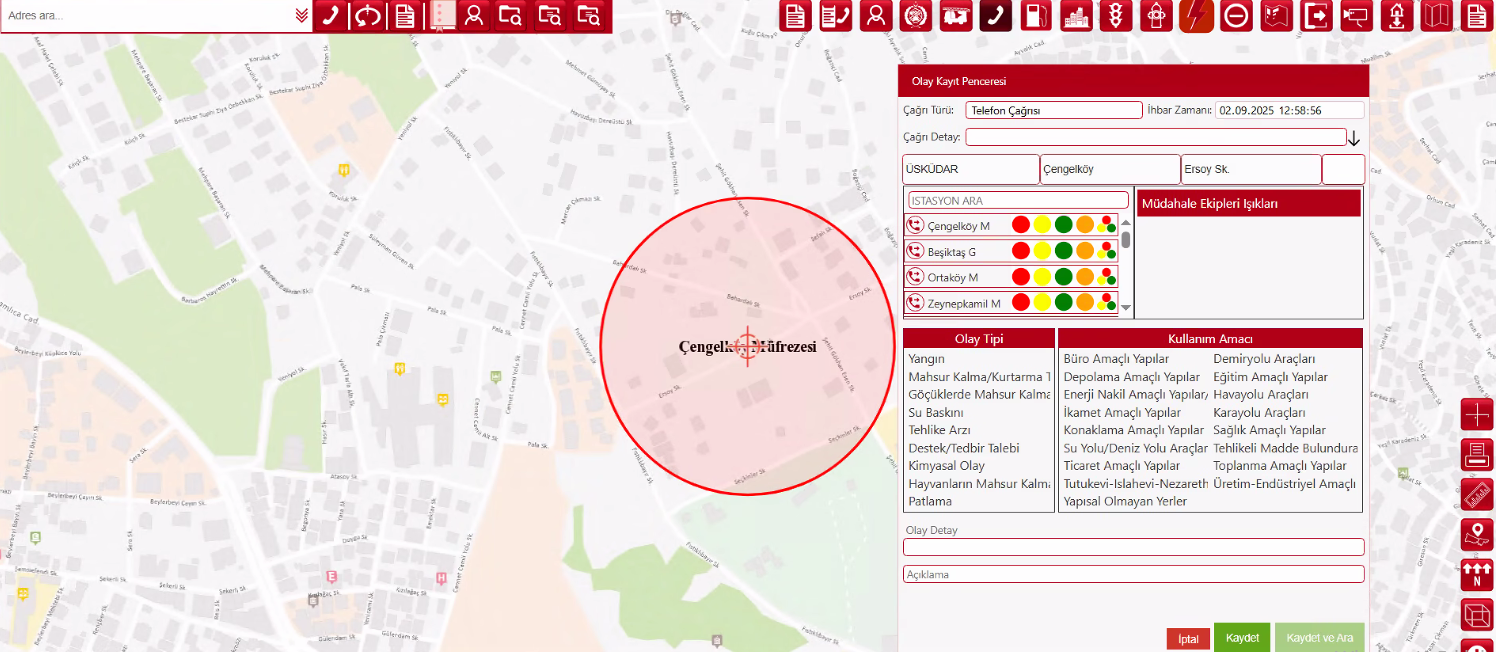 İtfaiye Bilgi Sistemine gelen çağrının olaya dönüştürülme ekranı 