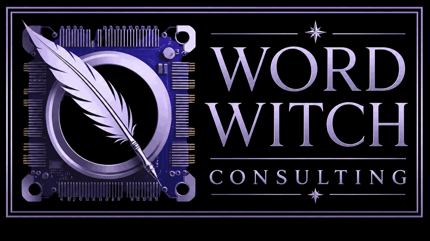 Logo for Word Witch Consulting featuring a purple feather quill over a mystical circuit board background, with the text 'Word Witch Consulting' in purple.
