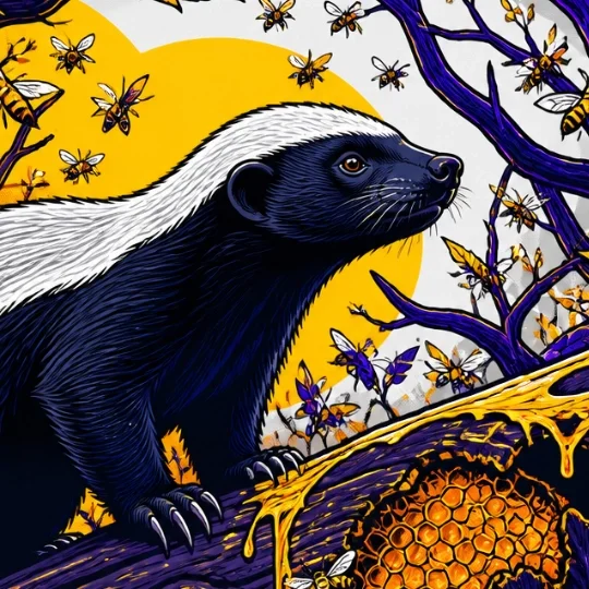 Illustration of a honey badger, on a tree branch surrounded by bees, with a large yellow moon in the background.