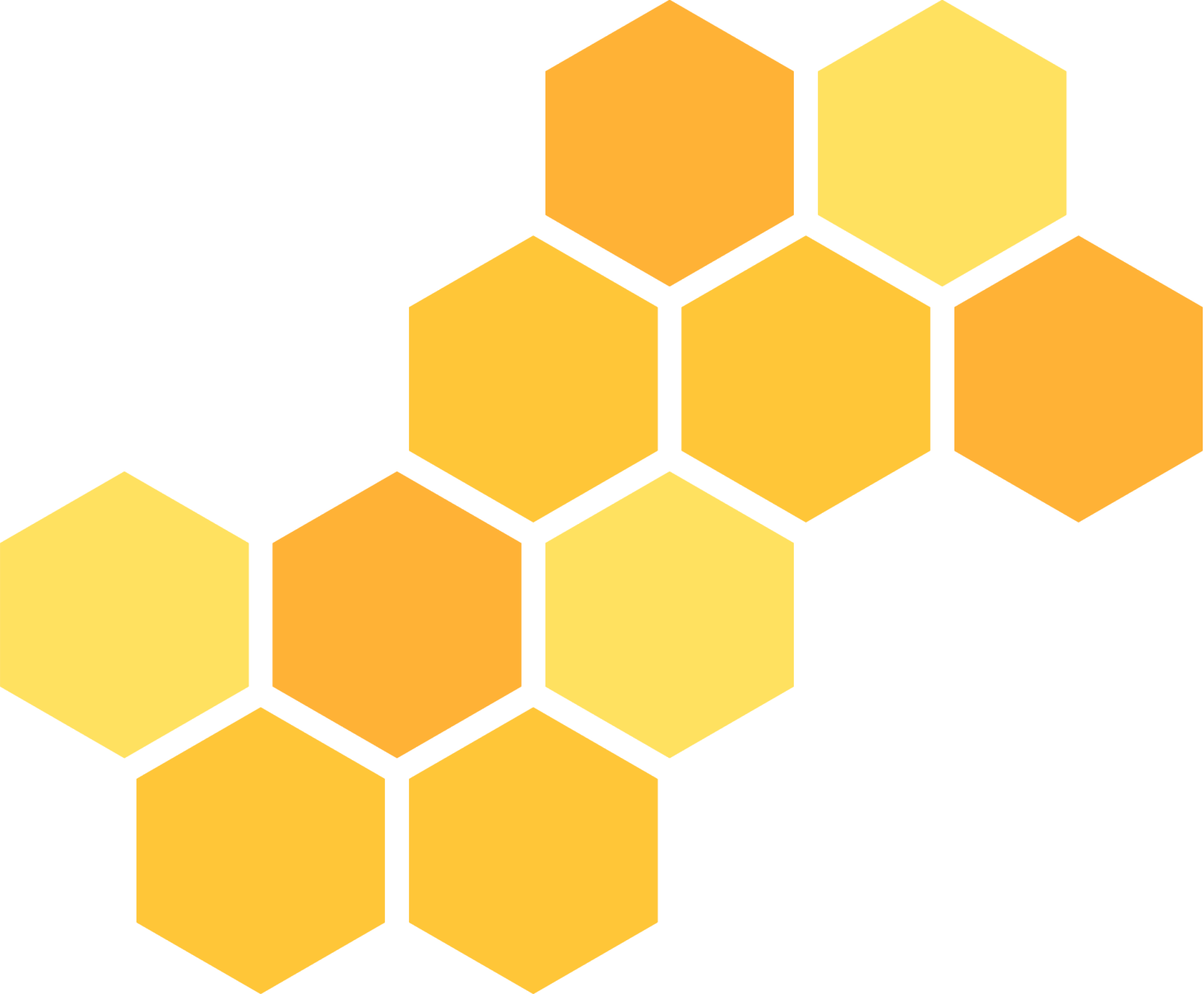 A graphic design featuring hexagonal honeycomb shapes in shades of orange and yellow on a black background.