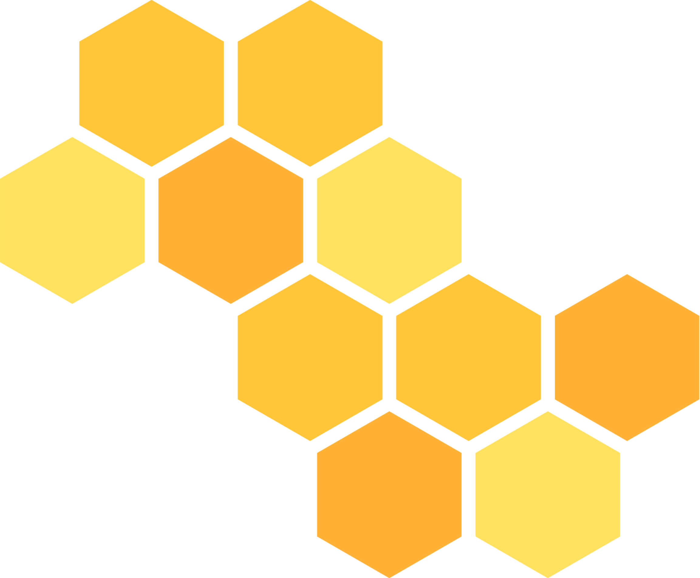 A digital illustration of a honeycomb pattern with yellow and orange hexagons on a black background.