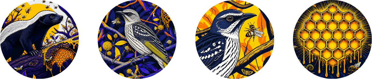 Four circular images with a bee theme. The first and third show detailed illustrations of a bird and a bee on a branch with colorful backgrounds of black, yellow, blue, and orange. The second depicts a detailed bird perched on a branch with yellow flowers and a deep blue background. The fourth displays a honeycomb with bees and honey dripping from it, set against a black background.