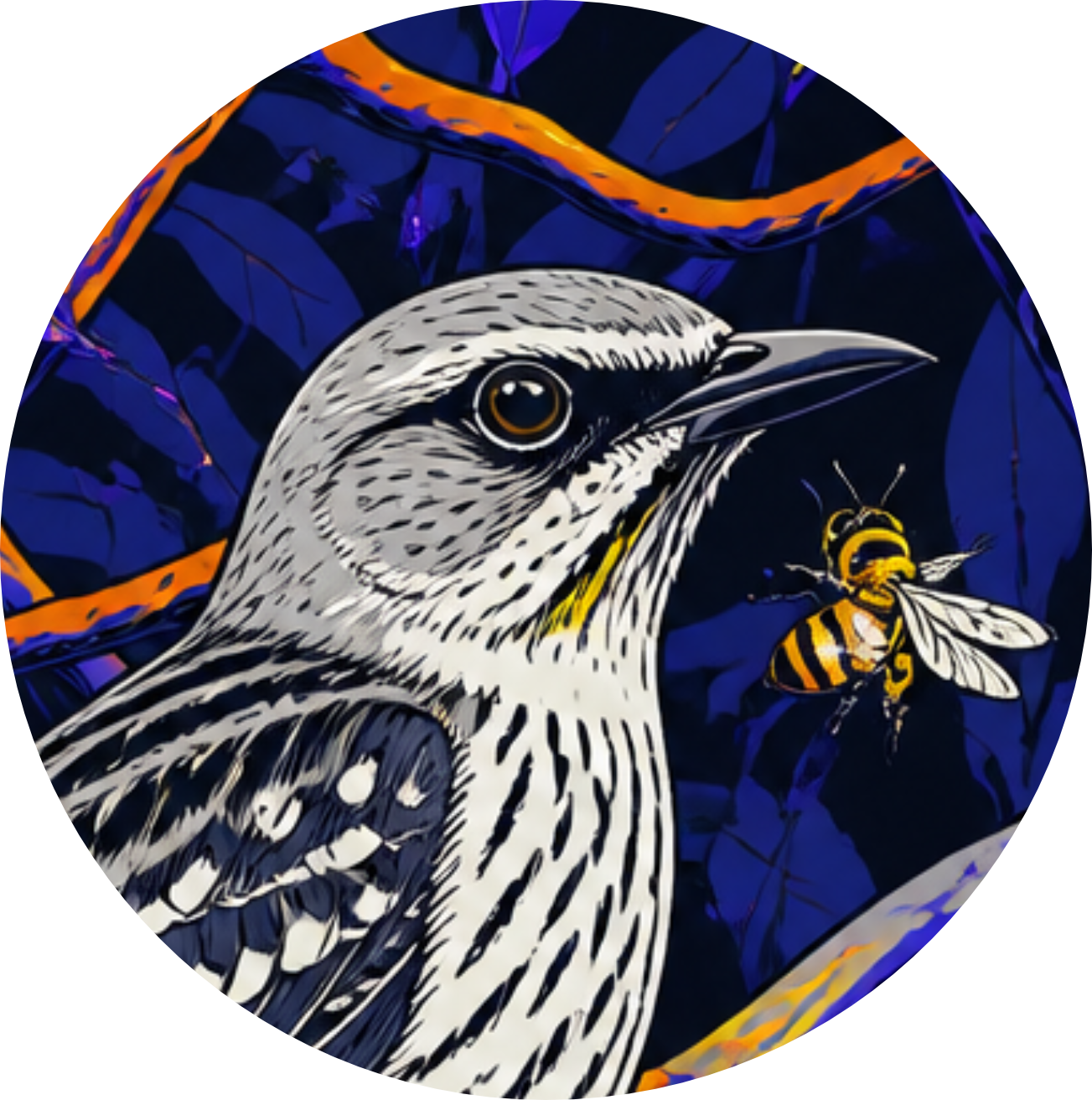 An artistic illustration of a bird with a bee nearby, set against a dark background with abstract blue leaves and orange accents.
