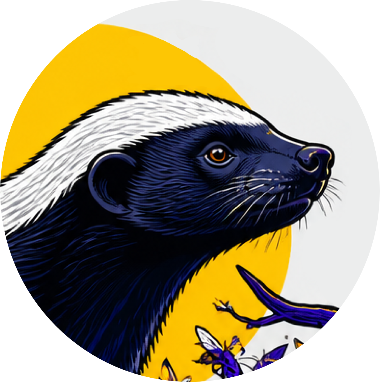 Illustration of a honey badger, surrounded by bees, against a white background with sunrise