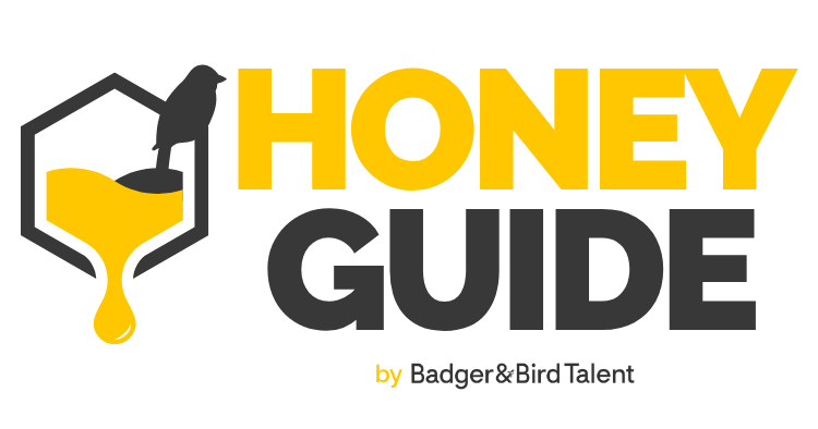Logo for Honey Guide by Badger & Bird Talent, featuring a honey dipper with a bird perched on it.
