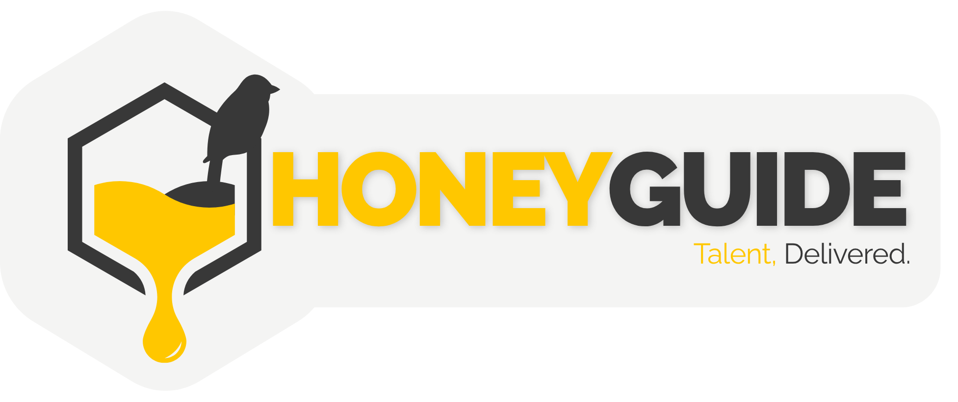 Logo for HoneyGuide featuring a honey jar with a bee on top and the text 'HONEYGUIDE' with the tagline 'Talent, Delivered'.