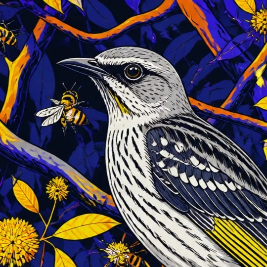 A detailed illustration of a bird with black and white striped feathers, set against a vibrant background of blue and yellow foliage, with a bee nearby.