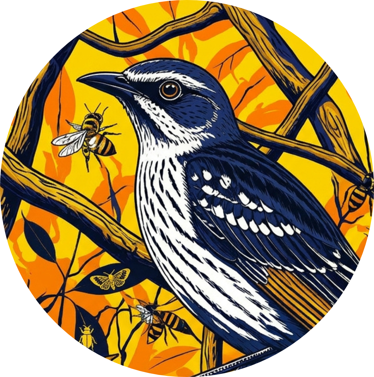 Illustration of a blue and white bird perched on a branch, surrounded by bees and a yellow background with orange leaves.