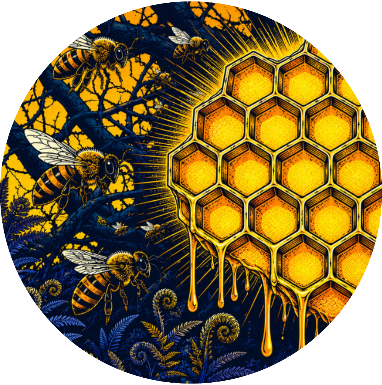 Illustration of bees surrounding a honeycomb with honey dripping from it, set against a background with blue and yellow hues and plant foliage.