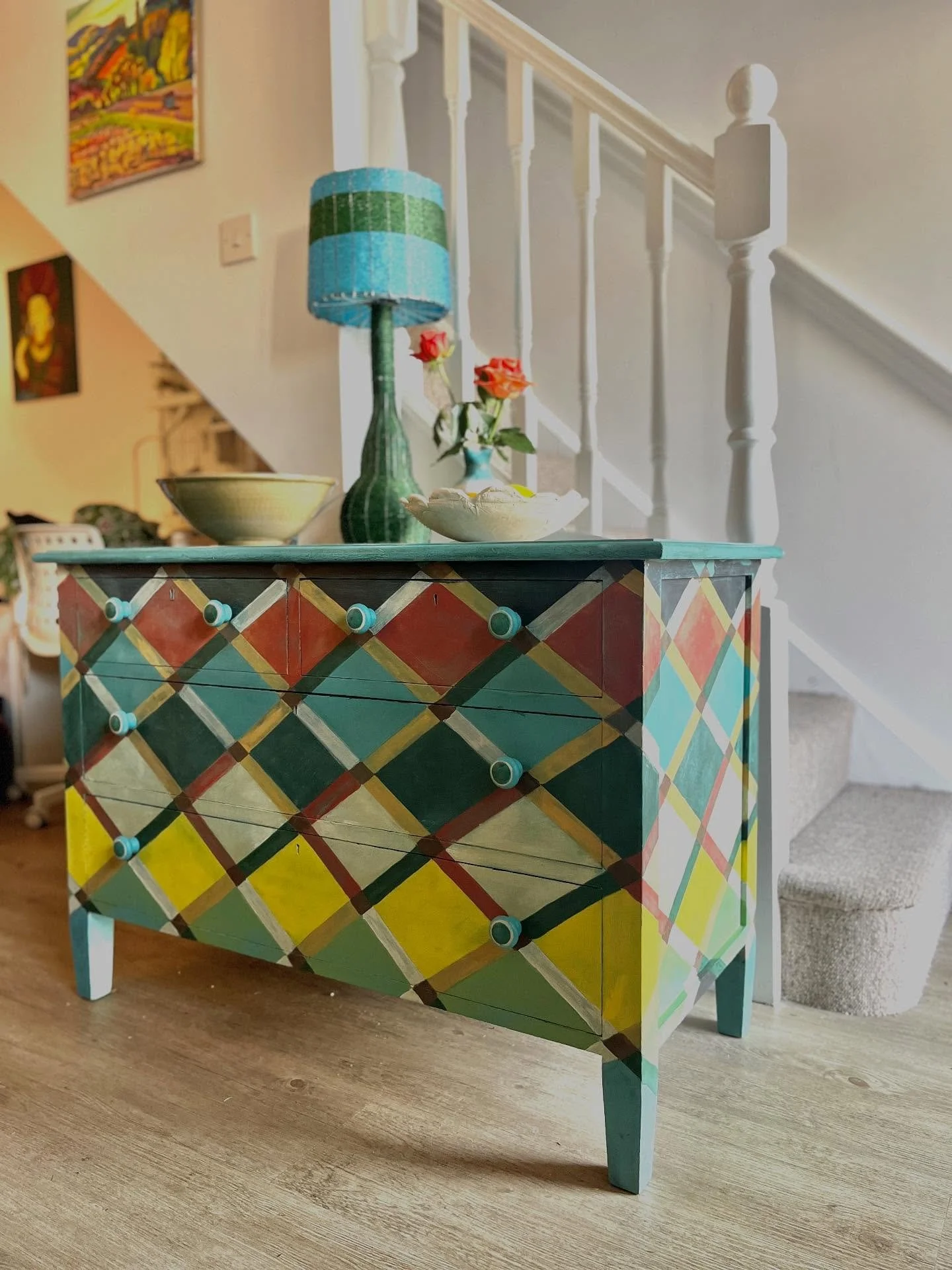 This chest of drawers has now found a most wonderful home! Surrounded by art, colourful textiles and objects collected from travels all over the world it fits right in with the interiors and character of this home. It will also provide much needed st