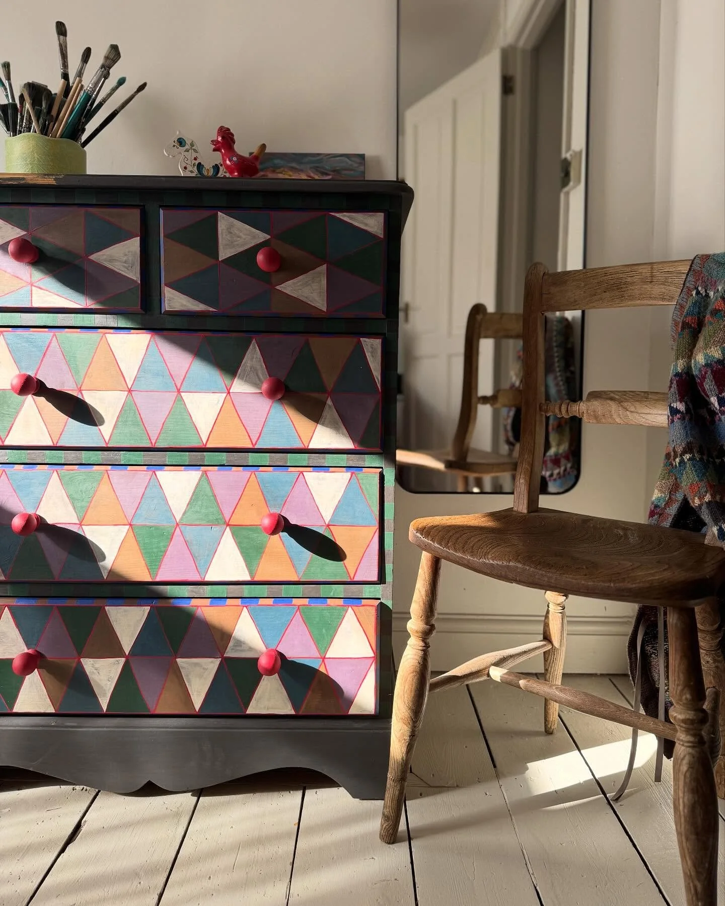 This is a chest of drawers I’m working on at the moment and I’m just putting finishing touches on it today, trying to complete it before the start of half term. I couldn’t help a snap while the sun was briefly shining just now. 
Oc